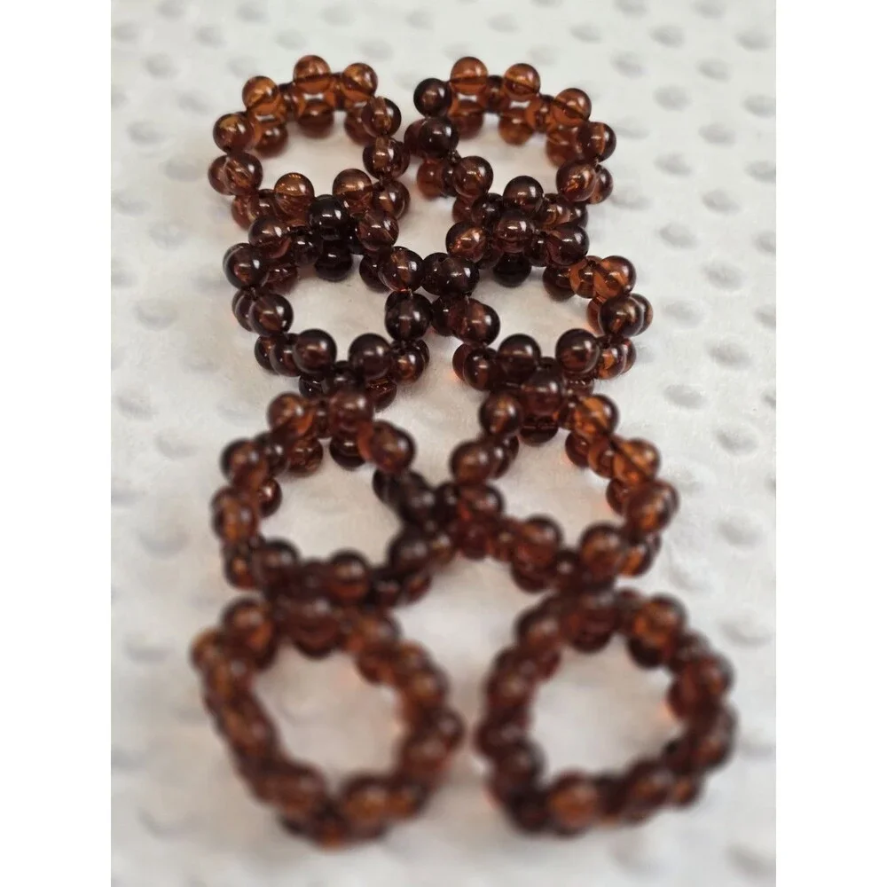 Vintage Amber Beaded Napkin Ring Set Of 8 Mid Century Modern Resin 3 Strands Lot